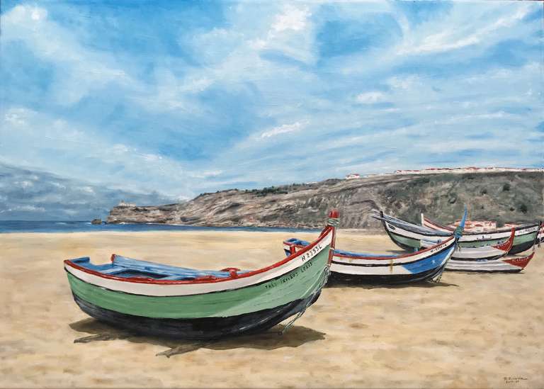 Boats on Nazaré beach. 50 cm x 70 cm, June 2019